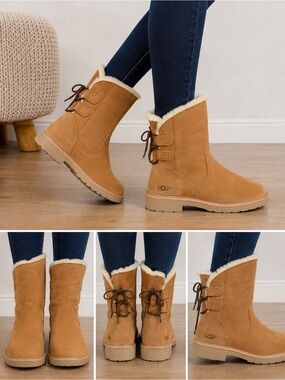 UGG Australia Chestnut Sheepskin Shearling Lace Back Ankle Boots US 6
